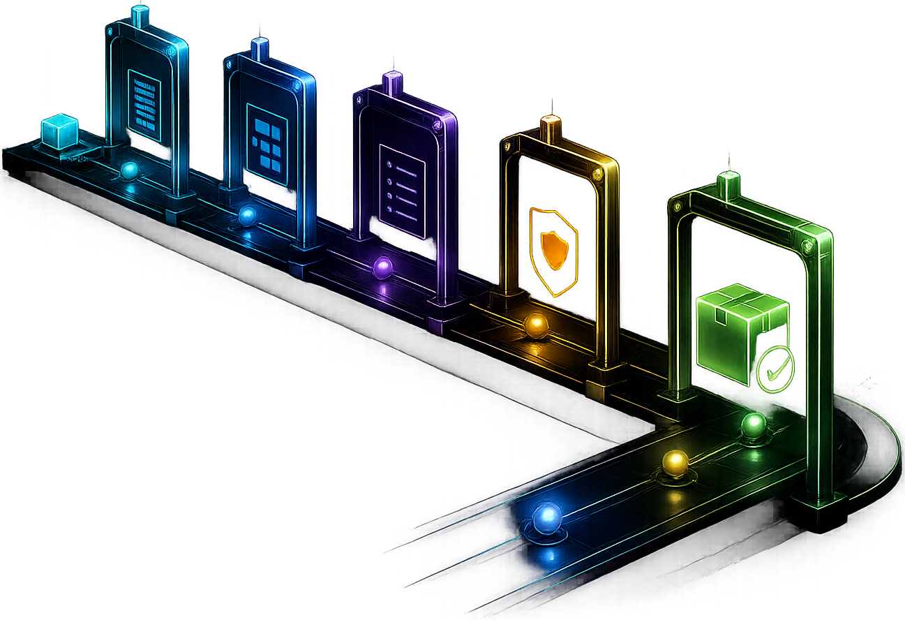 Software Factory assembly line turning business requests into approved delivery