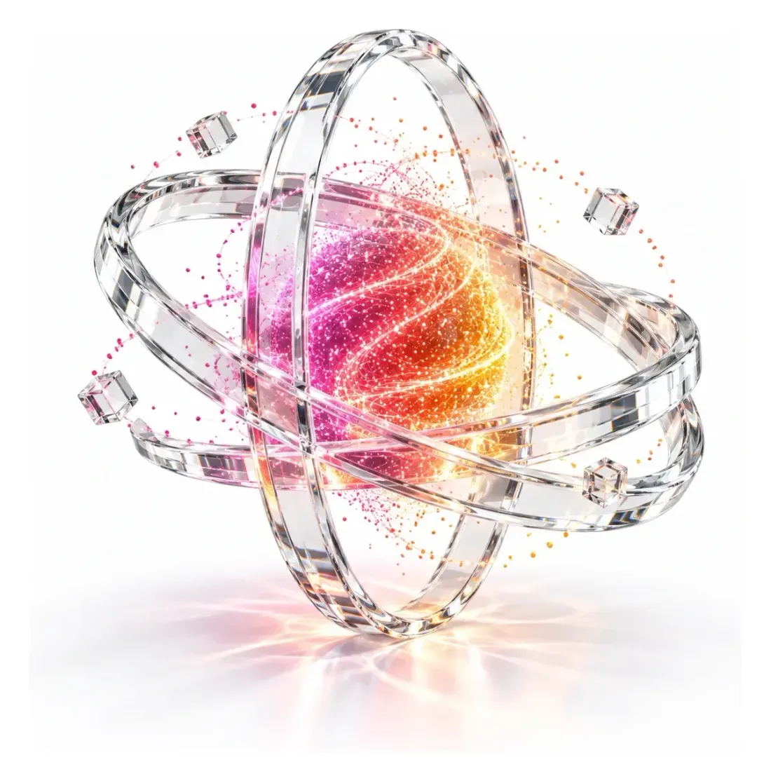 Clear glass gyroscope rings around a sphere of coral and amber particle light