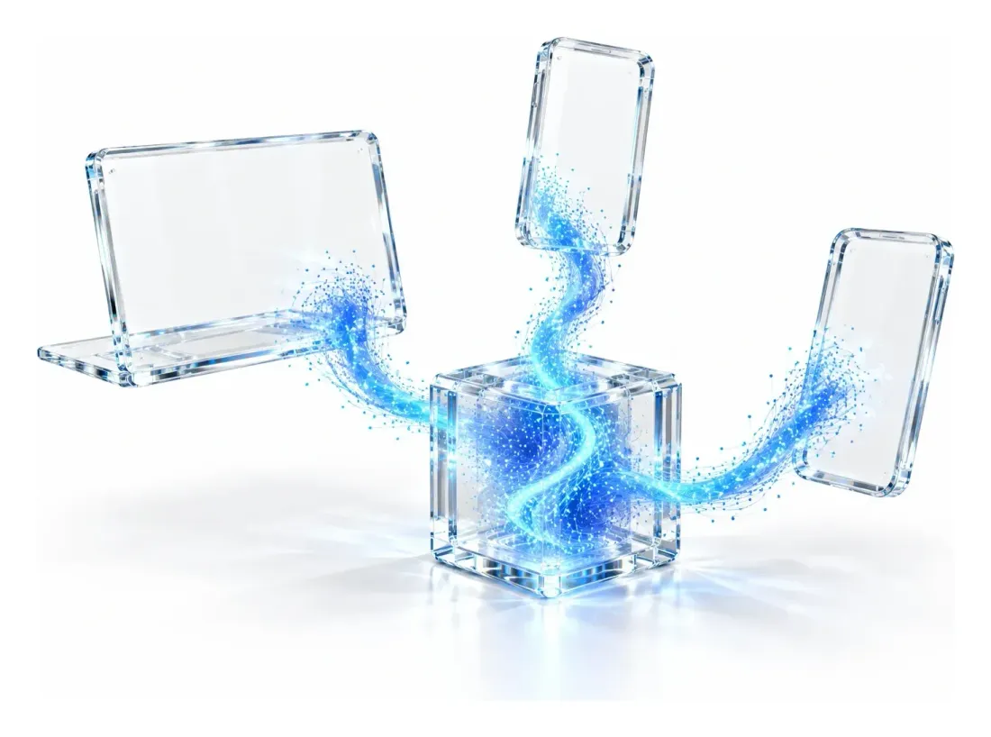 A clear glass core cube linked by streams of blue particle light to glass slabs shaped like a laptop and two phones
