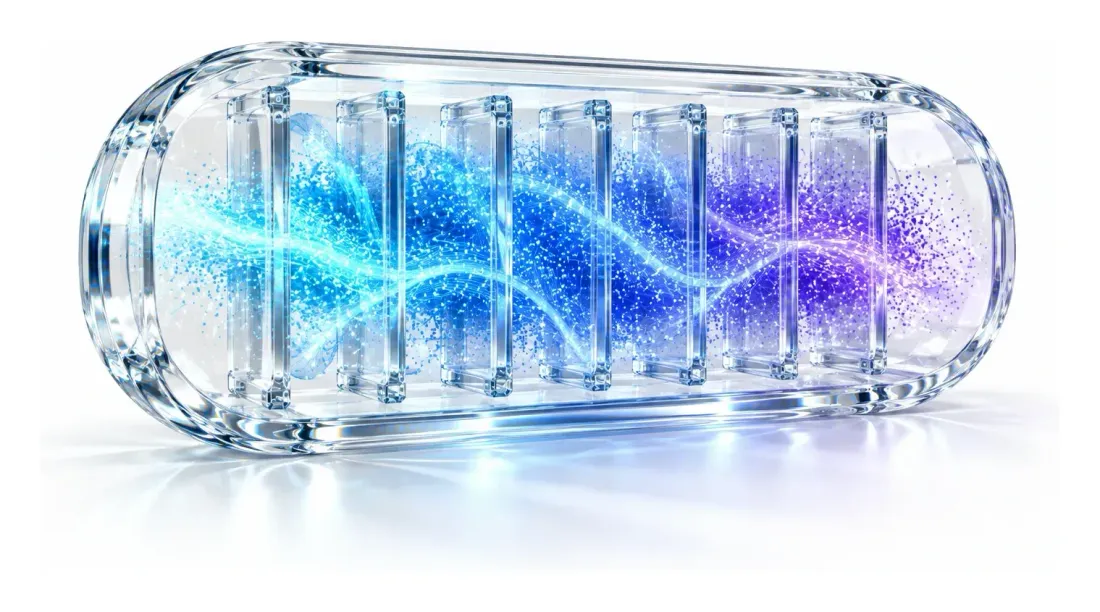 A clear glass capsule holding a row of glass server blades with blue and violet particle light