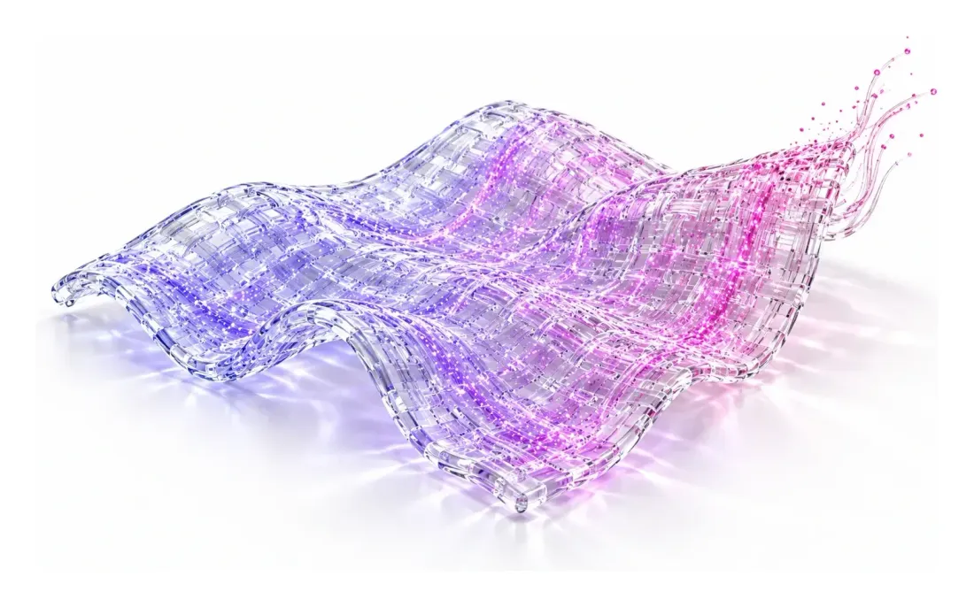 A draped sheet of woven glass fibres carrying violet and magenta particle light