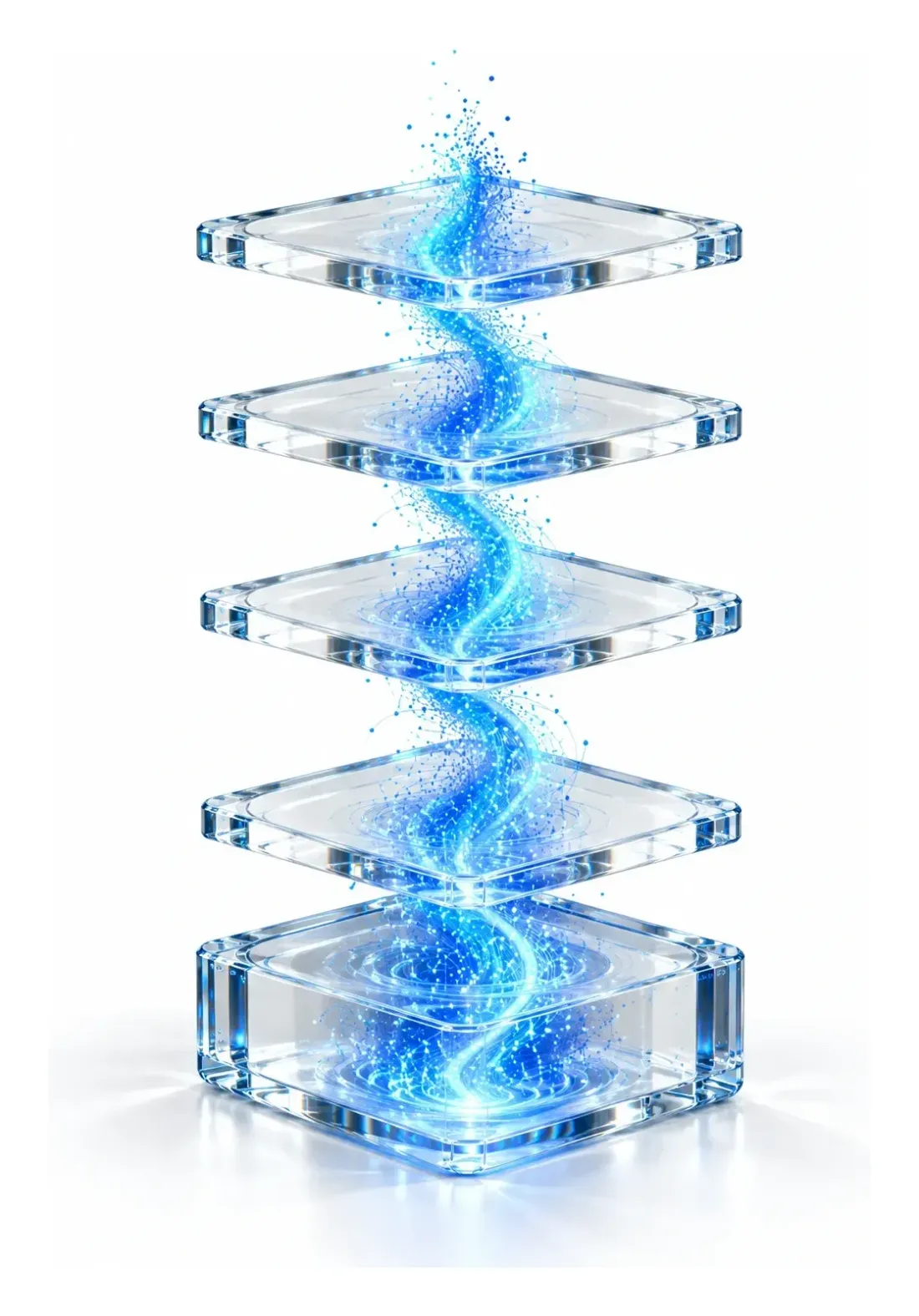 An exploded stack of four clear glass layers above a glass base, threaded by a stream of blue particle light
