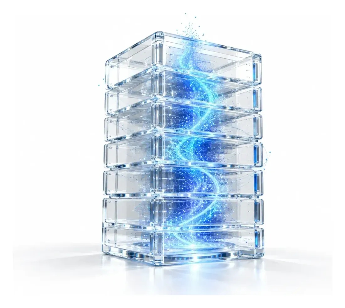 A private server tower of clear glass slabs with a column of blue particle light rising through it