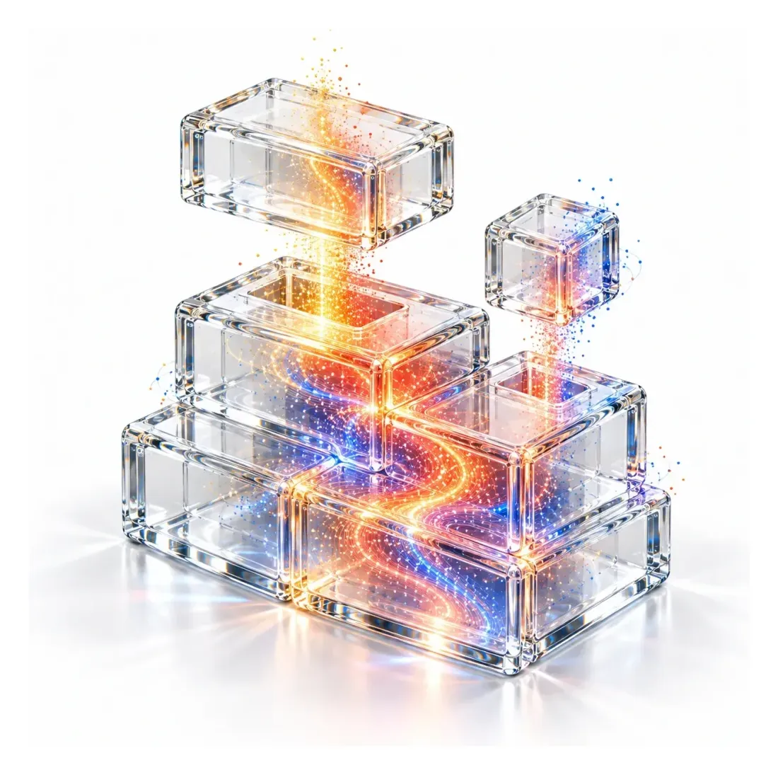 Interlocking clear glass modules snapping into a stepped structure, with amber and coral light along the seams
