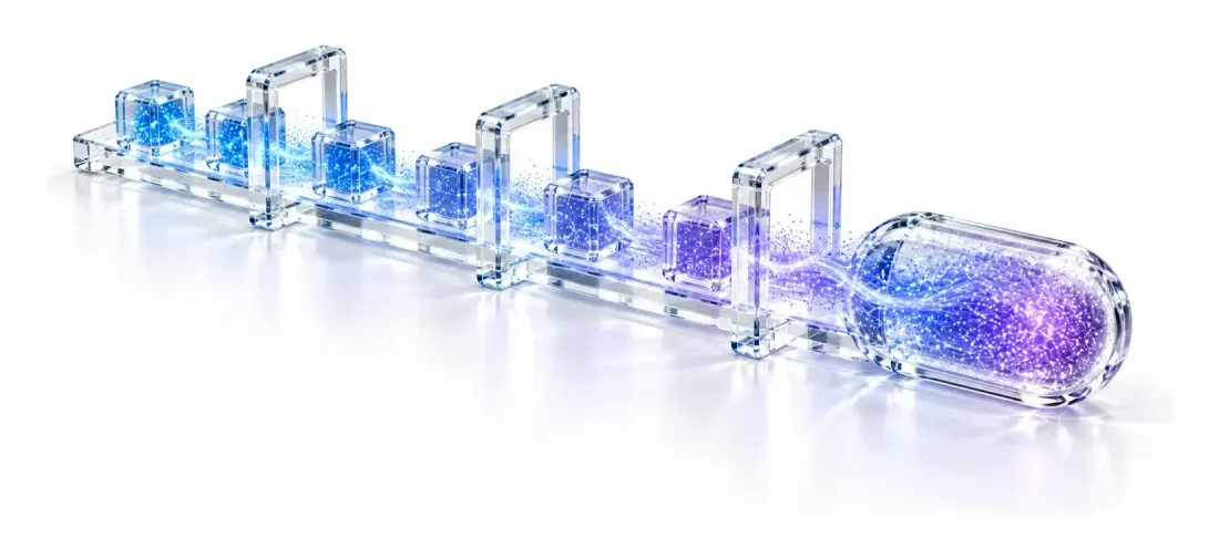 Clear glass cubes travelling along a glass rail into a sealed capsule of violet particle light