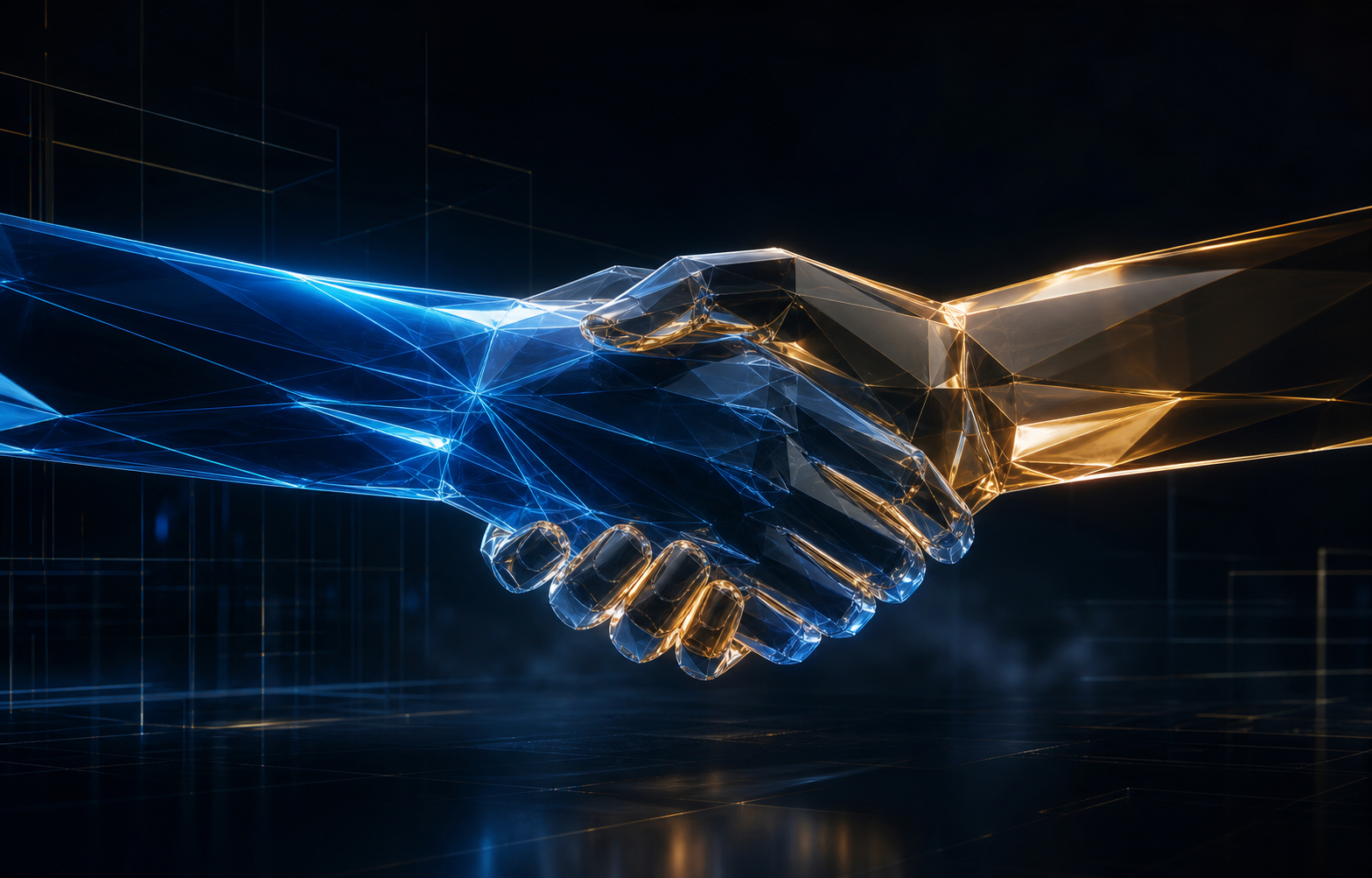 Abstract blue and gold glass hands meeting in a handshake